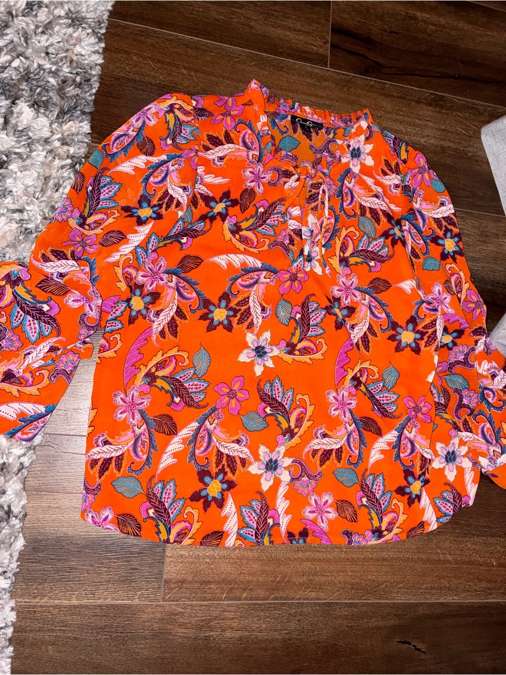 Jessica Simpson Orange Floral Paisley Tie-Neck Blouse